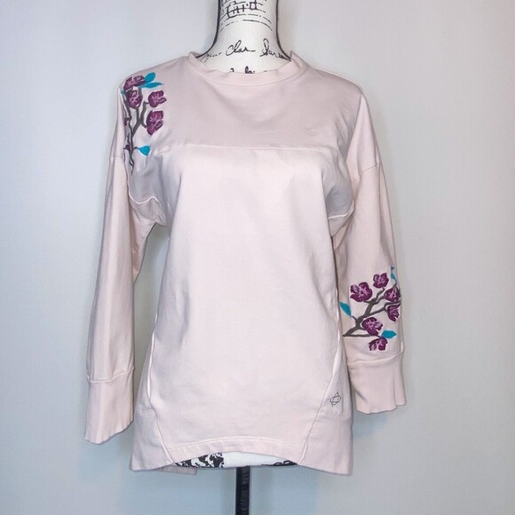 Satva Pink Organic Cotton Embroidered Floral Sweatshirt SM Boho Cottagecore Pull - Picture 1 of 9
